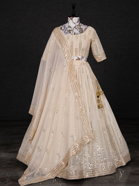 Cream Color Sequins Embroidery Work Georgette Lehenga Choli Set