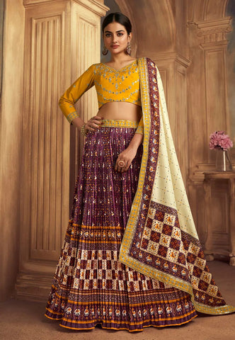 Impressive Gaji Silk Wine-Yellow Patola Printed Lehenga Choli - women's fashion mart