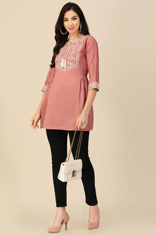 Peach Color Embroidered Chinon Readymade Short Kurti.