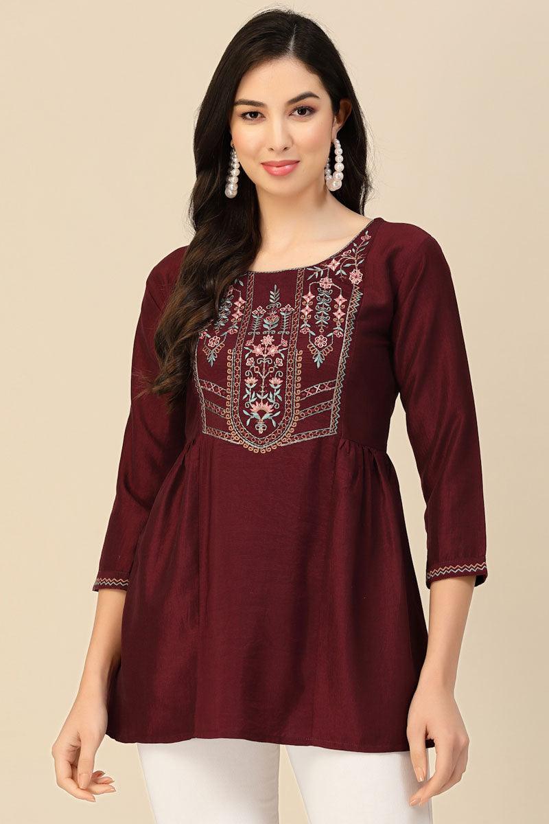 Maroon Color Embroidered Readymade Short Kurti.
