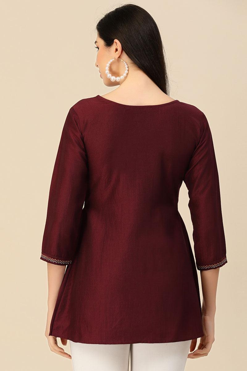 Maroon Color Embroidered Readymade Short Kurti.