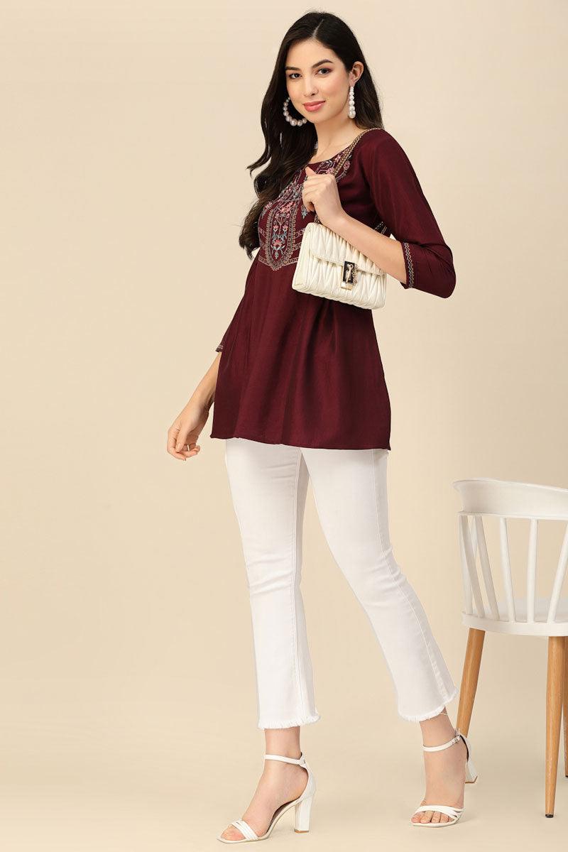 Maroon Color Embroidered Readymade Short Kurti.