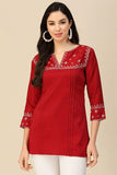 Red Embroidered Chinon Readymade Short Kurti.
