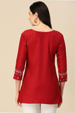Red Embroidered Chinon Readymade Short Kurti.