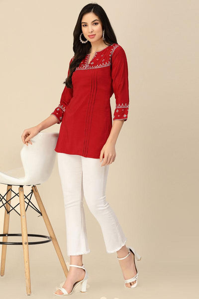 Red Embroidered Chinon Readymade Short Kurti.