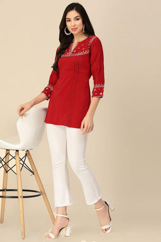 Red Embroidered Chinon Readymade Short Kurti.