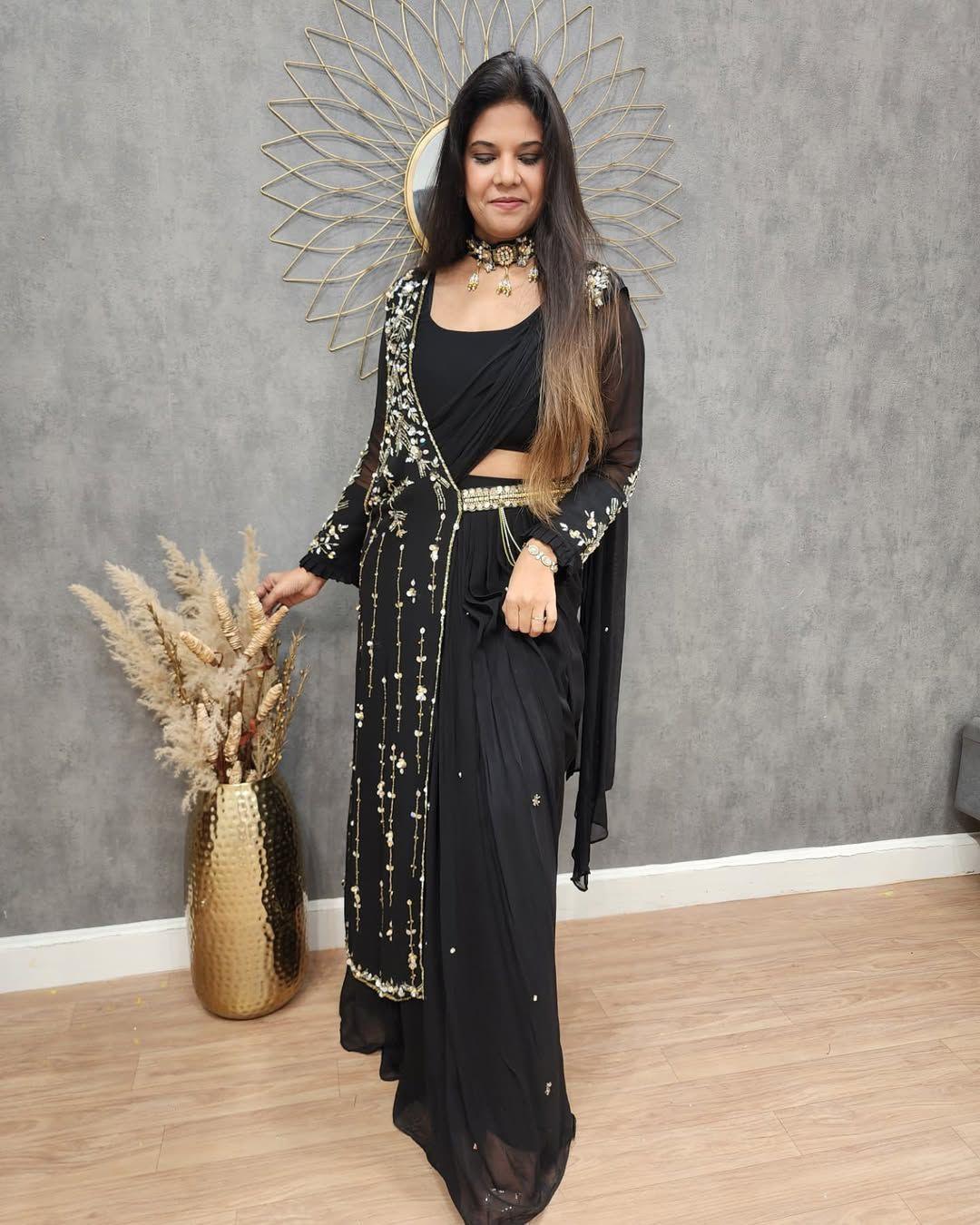 Party Wear Embroidery Work Black Color Lehenga Saree With Shurg