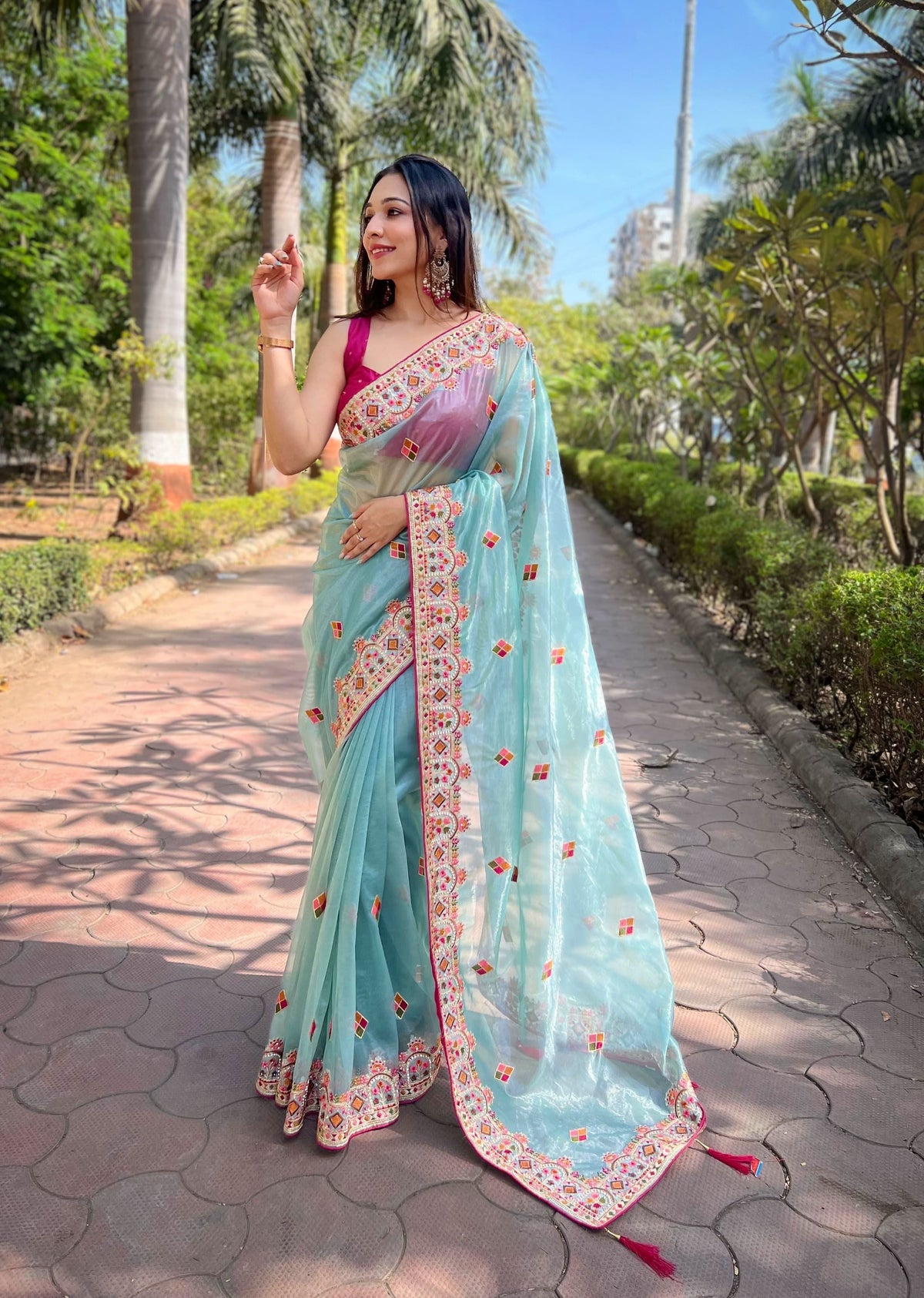 Multi thread embroidery work saree -Net Saree Blue women's fashion mart