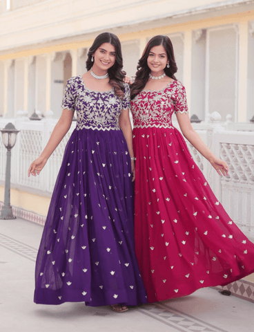 Adorable Faux Georgette Coding Sequins Worked Gown With Dupatta -Gowns Purple / M women's fashion mart