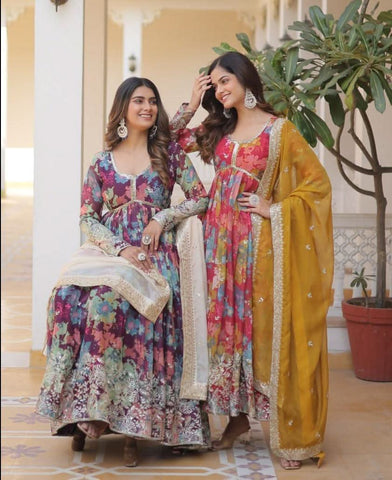 Alia Cut Russian Silk Floral Printed Embroidered Gown -Gowns Pink / M women's fashion mart
