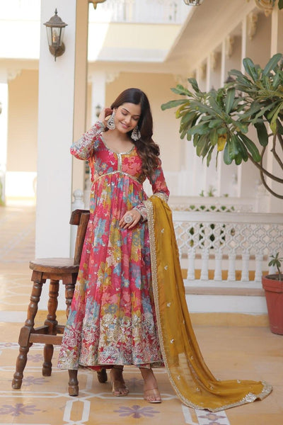 Alia Cut Russian Silk Floral Printed Embroidered Designer Gown - women's fashion mart