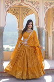 Alluring Faux Georgette Heavy Sequins Thread Embroidered Lehegna Choli Set -Lehenga Choli Yellow / Semi Stitched women's fashion mart