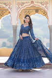 Alluring Faux Georgette Heavy Sequins Thread Embroidered Lehegna Choli Set -Lehenga Choli Rama / Semi Stitched women's fashion mart