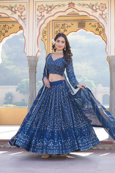 Alluring Faux Georgette Heavy Sequins Thread Embroidered Lehegna Choli Set -Lehenga Choli Rama / Semi Stitched women's fashion mart