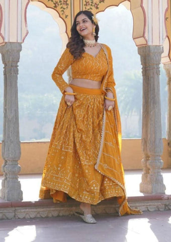 Alluring Faux Georgette Heavy Sequins Thread Embroidered Lehegna Choli Set -Lehenga Choli Rama / Semi Stitched women's fashion mart
