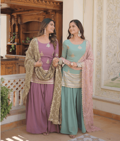 Amazing Faux Georgette Sequins Thread Worked Top Palazzo Set -Salwar Kameez Greenish Cyan / M women's fashion mart