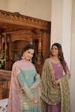 Amazing Faux Georgette Sequins Thread Worked Top Palazzo Set -Salwar Kameez Greenish Cyan / M women's fashion mart