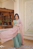 Amazing Faux Georgette Sequins Thread Worked Top Palazzo Set -Salwar Kameez Greenish Cyan / M women's fashion mart