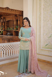 Amazing Faux Georgette Sequins Thread Worked Top Palazzo Set -Salwar Kameez Greenish Cyan / M women's fashion mart