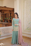 Amazing Faux Georgette Sequins Thread Worked Top Palazzo Set -Salwar Kameez Greenish Cyan / M women's fashion mart