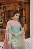 Amazing Faux Georgette Sequins Thread Worked Top Palazzo Set -Salwar Kameez Greenish Cyan / M women's fashion mart