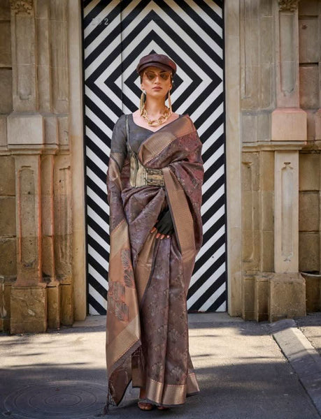Amazing Gray Pure Handloom Two Tone Organza Weaving Saree - women's fashion mart