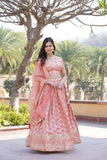 Amazing Viscous Jacquard Heavy Sequins Embroidered Lehenga Choli Set -Lehenga Choli Peach / Semi Stitched women's fashion mart