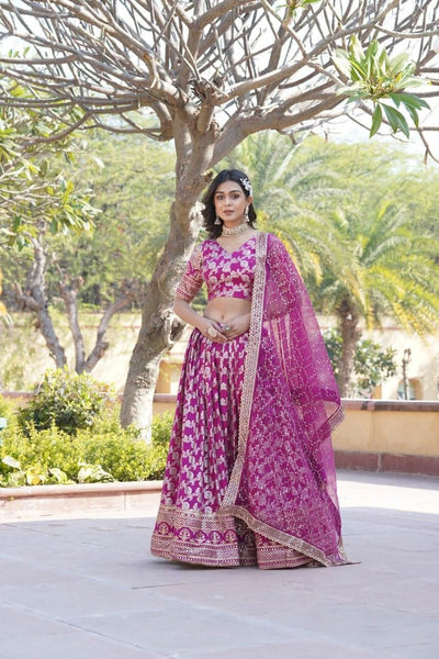 Amazing Viscous Jacquard Heavy Sequins Embroidered Lehenga Choli Set -Lehenga Choli Magenta / Semi Stitched women's fashion mart