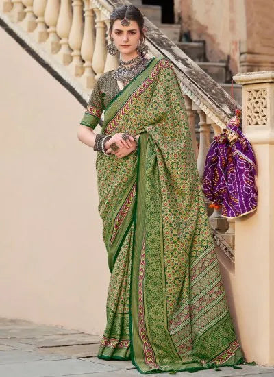 Remarkable Green Ajrakh Printed Sigma Silk Traditional Saree - women's fashion mart