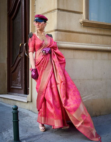 Astonishing Pink Pure Handloom Two Tone Organza Weaving Saree - women's fashion mart