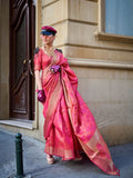 Astonishing Pink Pure Handloom Two Tone Organza Weaving Saree - women's fashion mart