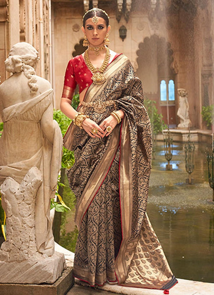 Attractive Beige Silk Jacquard Weaving Worked Classic Saree - women's fashion mart