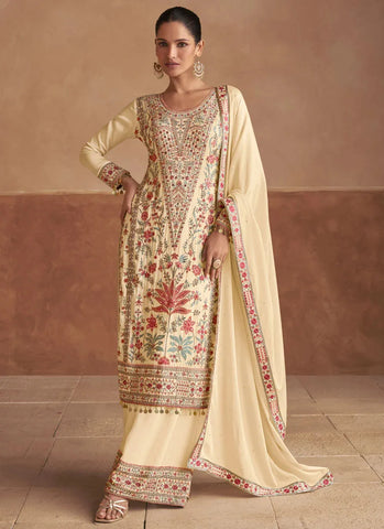 Attractive Chinon Cream Embroidered Salwar Kameez - women's fashion mart