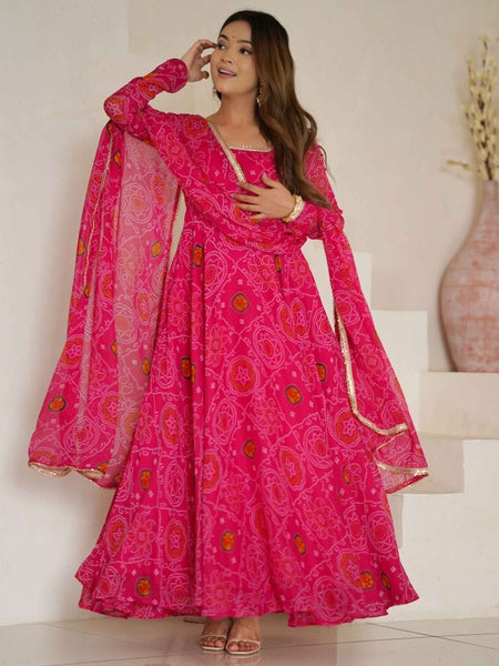 Awesome Pink Bandhej Print Georgette Event Wear Anarkali Suit - women's fashion mart