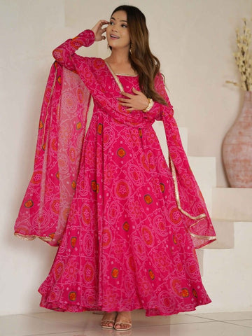 Awesome Pink Bandhej Print Georgette Event Wear Anarkali Suit - women's fashion mart