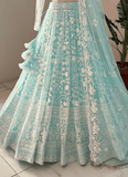 Awesome Thread Embroidered Sky Blue Net Lehenga Choli For Party - women's fashion mart