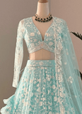 Awesome Thread Embroidered Sky Blue Net Lehenga Choli For Party - women's fashion mart