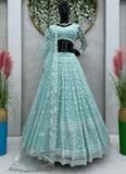 Awesome Thread Embroidered Sky Blue Net Lehenga Choli For Party - women's fashion mart