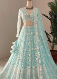 Awesome Thread Embroidered Sky Blue Net Lehenga Choli For Party - women's fashion mart