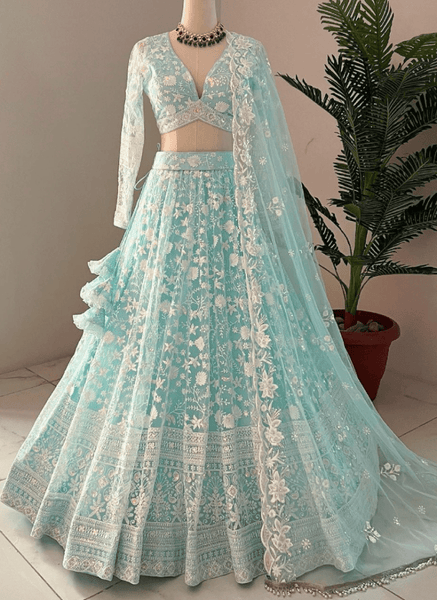 Awesome Thread Embroidered Sky Blue Net Lehenga Choli For Party - women's fashion mart