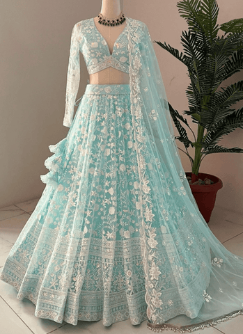 Awesome Thread Embroidered Sky Blue Net Lehenga Choli For Party - women's fashion mart