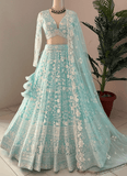 Awesome Thread Embroidered Sky Blue Net Lehenga Choli For Party - women's fashion mart