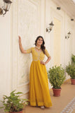 Yellow colour embroidery sequence work gown -Designer Suit M / Yellow women's fashion mart