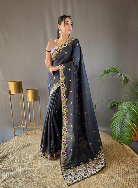 Beautiful Black Embroidery Butti With Cut Work Silk Saree
