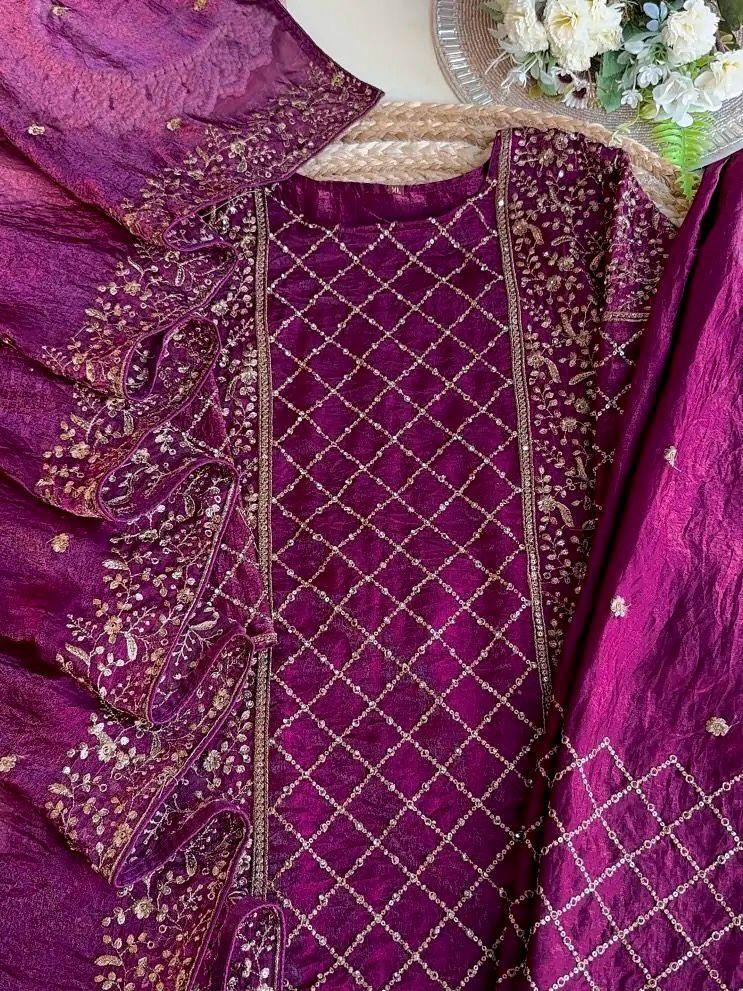 Admiring Embroidery Work Wine Color Palazzo Suit