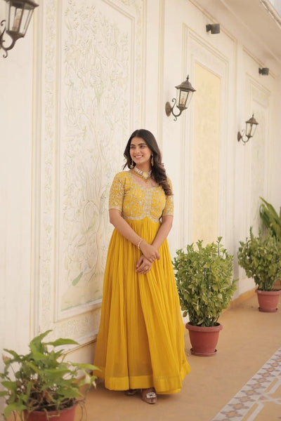 Yellow colour embroidery sequence work gown -Designer Suit M / Yellow women's fashion mart