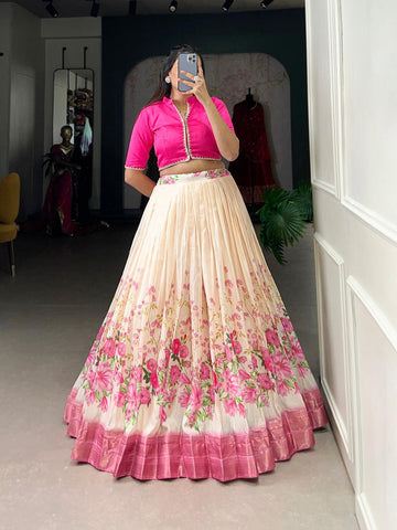 Baby Pink Color Floral Print With Zari Border Cotton Silk Co-ord Set Lehenga Choli -2 piece chaniya choli Free Size / Semi-Stitched / Semi-Stitched women's fashion mart
