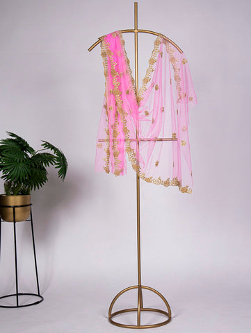 Baby Pink Color Embroidery Cut Work and Stone Work Net Dupatta - women's fashion mart