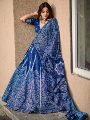 Navy Blue Color Bandhani Printed Vaishali Silk Lehenga With Blouse And Dupatta  women's fashion mart