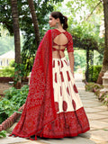 Red Color Bandhej Printed Tussar Silk Traditional Wear Lehenga Choli -gujrati collection Unstitched / Semi-Stitched / Semi-Stitched women's fashion mart